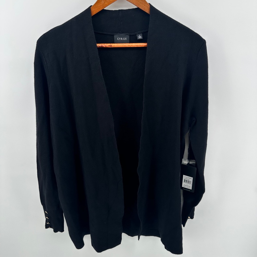 Cyrus Open Front Cardigan Black Gold Button Cuff Sweater Large NEW